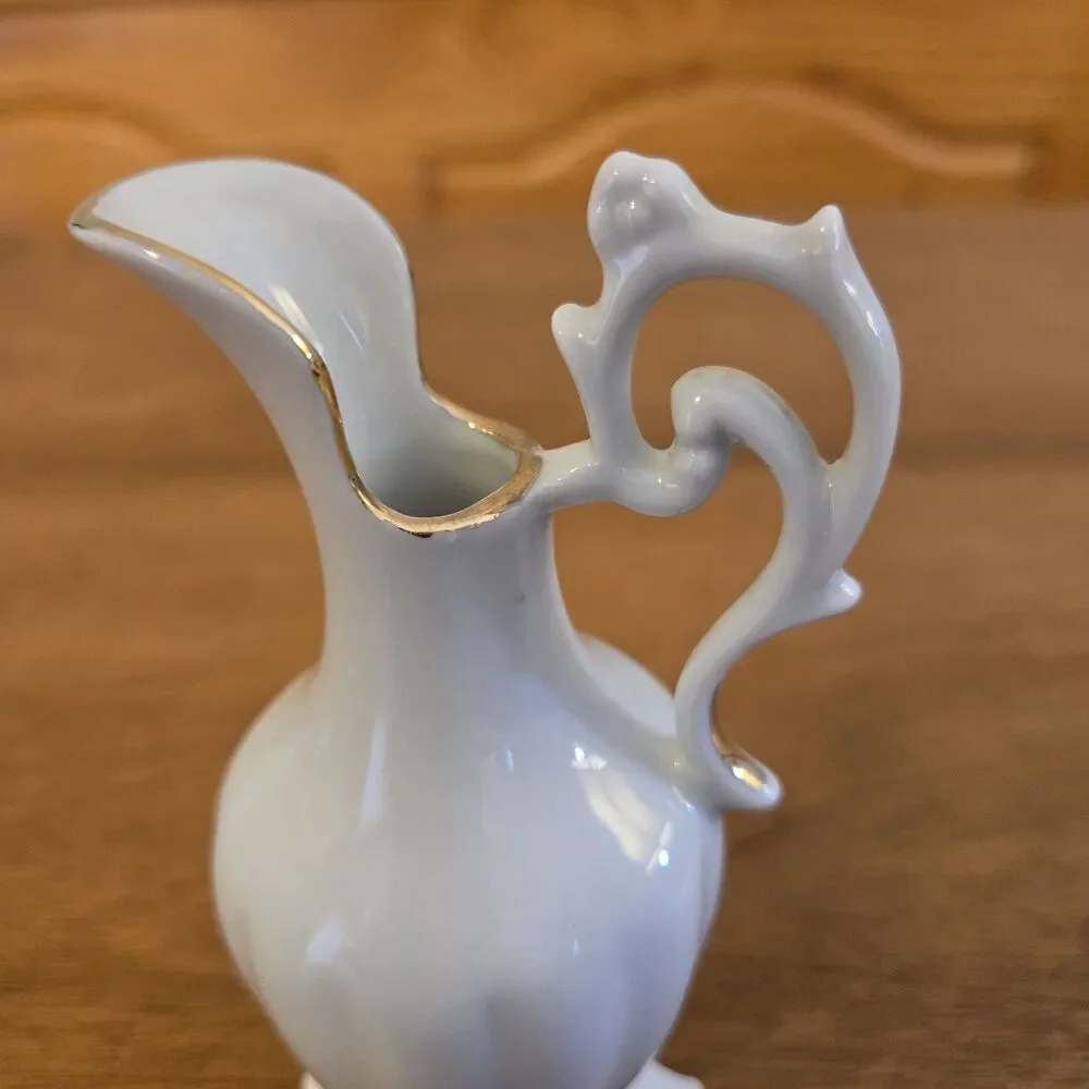 Vintage White Gold Leaf Fluted Creamer Pitcher Bud Vase, 5